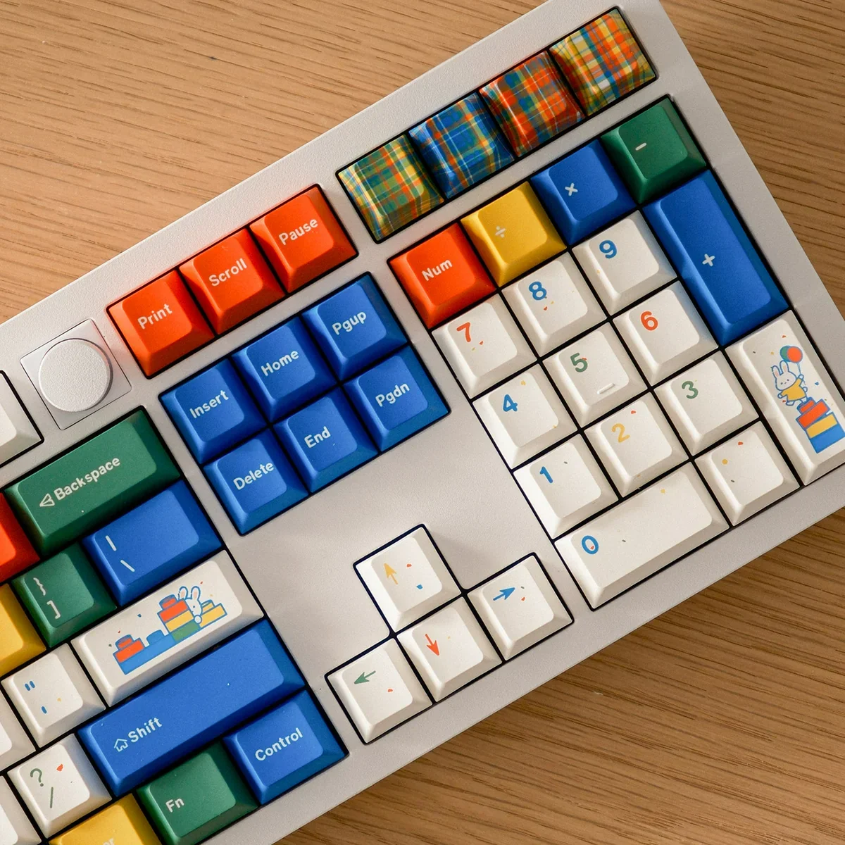 Close-up of the Colorfun Dopamine PBT Keycap Set, showcasing the adorable dye-sub rabbit motifs and vibrant, joy-inducing colors on the soft milky white PBT.