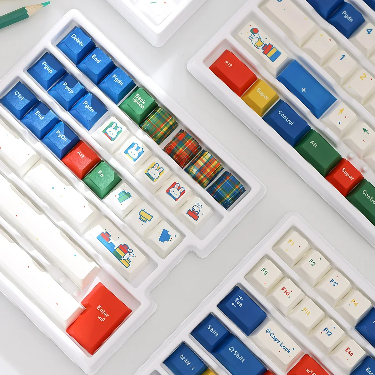 Delightful Colorfun Dopamine PBT Keycap Set gallery, featuring cute rabbit motifs in vibrant dye-sub colors on milky white, designed to bring joy from every angle.