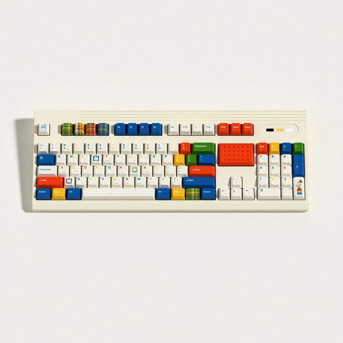 Colorfun Dopamine PBT Keycap Set with cute rabbits, showcasing vibrant, dopamine-boosting colors on soft milky white PBT, designed for playful joy.