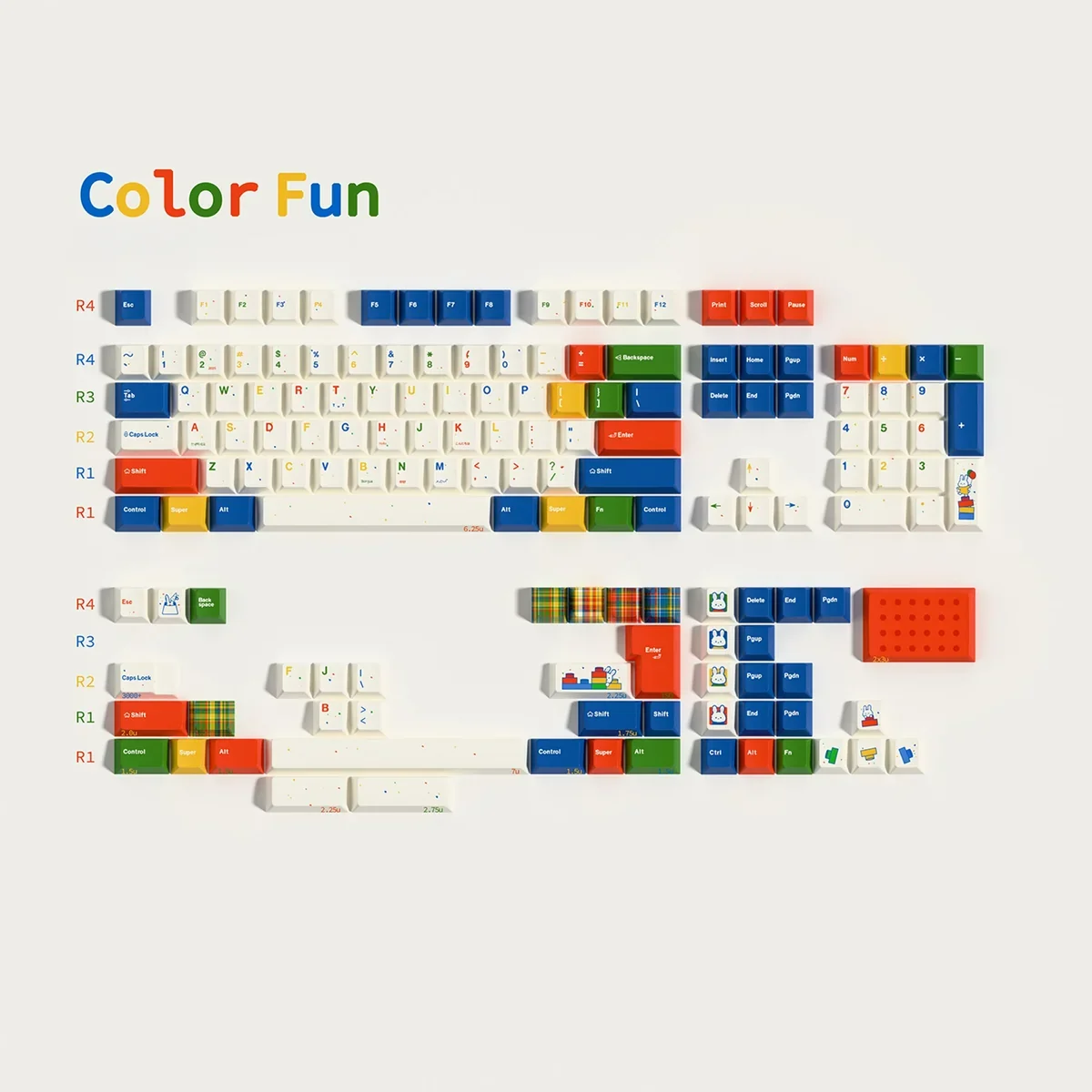 Colorfun Dopamine PBT Keycap Set showcasing whimsical cute rabbit designs in vibrant, joy-boosting colors on soft milky white PBT keycaps.