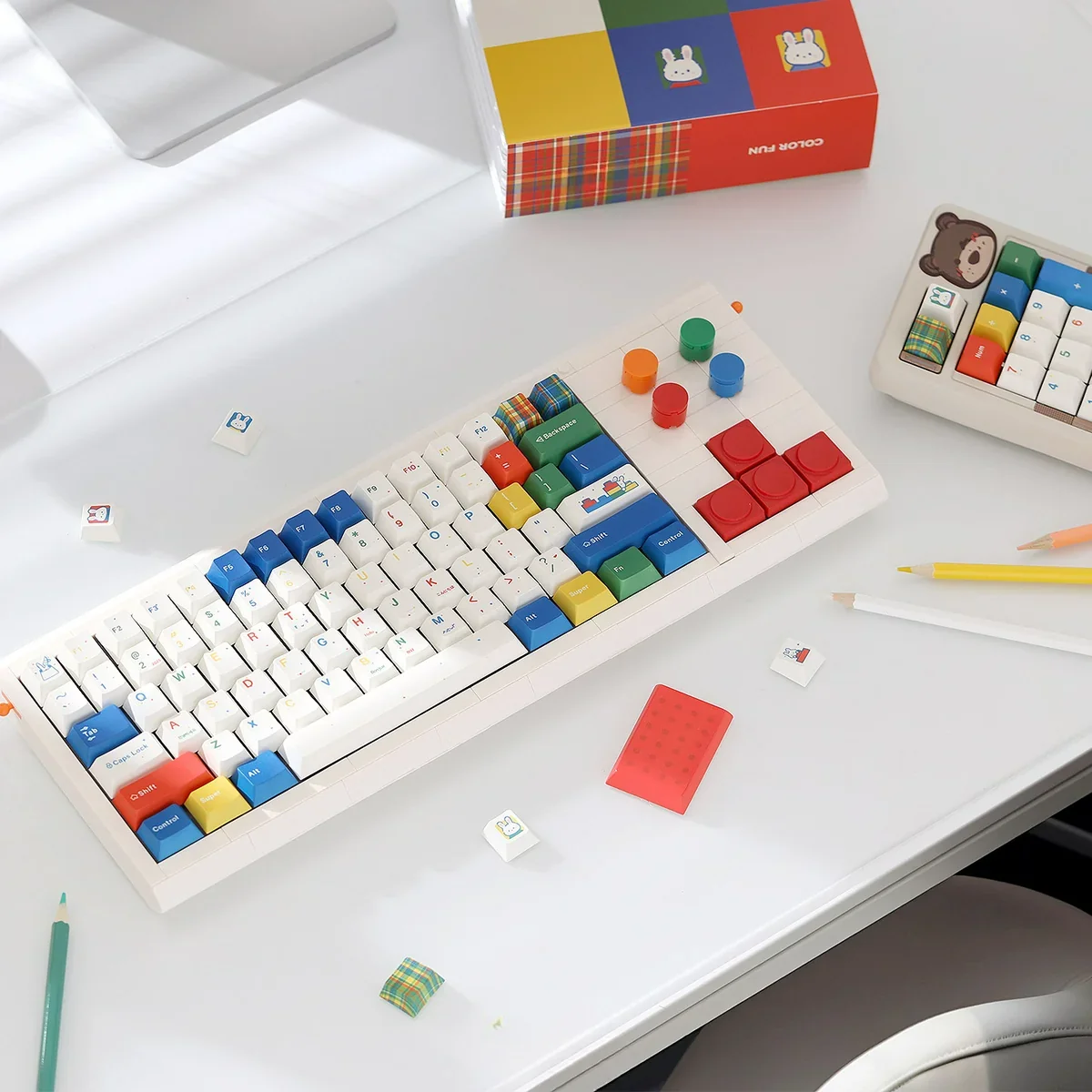 Colorfun Dopamine PBT Keycap Set featuring whimsical cute rabbit dye-sub designs on milky white PBT, bringing joyful, vibrant colors to your keyboard.