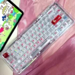 Exclusive Crayon Shin-chan PC keycap set, viewed from a unique angle, highlighting vibrant, translucent anime designs for a playful backlit keyboard.