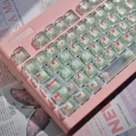 Exclusive Crayon Shin-chan 109-key PC keycap set, showing vibrant, translucent anime designs from a playful angle, optimized for dynamic backlighting.