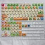A playful Crayon Shin-chan MOA keycap set, displaying its vibrant dye-sub PBT characters and whimsical scenes from a unique angle, emphasizing durable material.