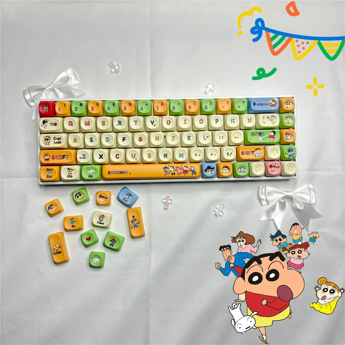 Playful Crayon Shin-chan MOA keycaps set, showcasing iconic characters and vibrant scenes on durable dye-sub PBT for a whimsical desk setup.