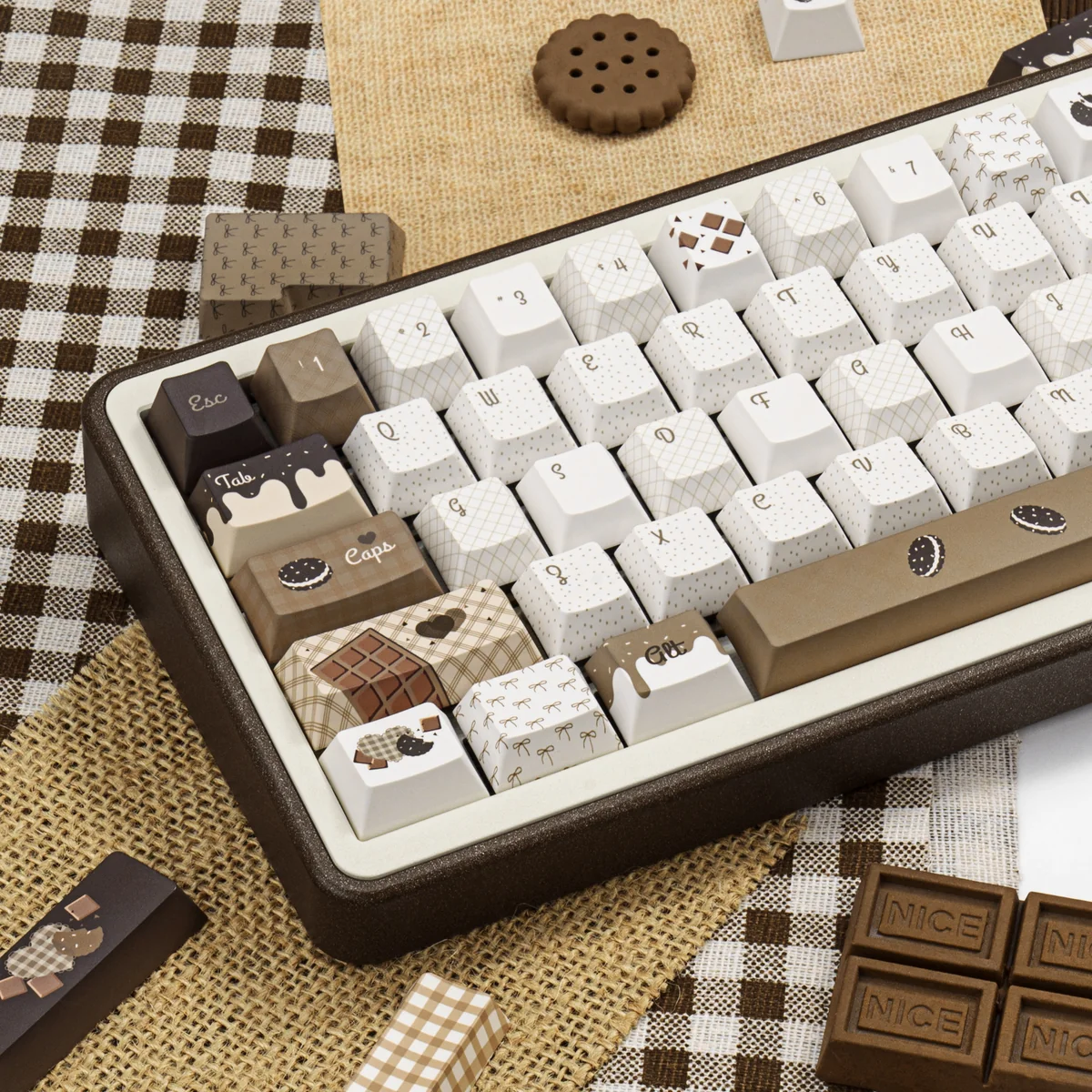 Crispy Dark Chocolate PBT keycaps set, shown from various angles, highlighting their unique dark textured aesthetic. An artistic gourmet chocolate motifs.