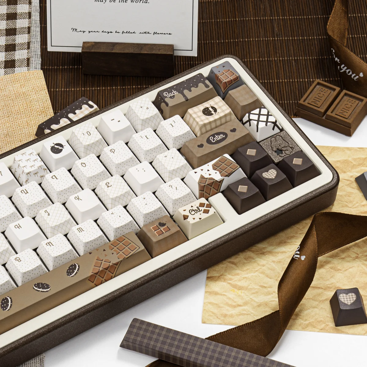 Artistic Crispy Dark Chocolate Keycaps set, showcasing its unique PBT aesthetic from multiple angles. Features rich, textured chocolate hues.