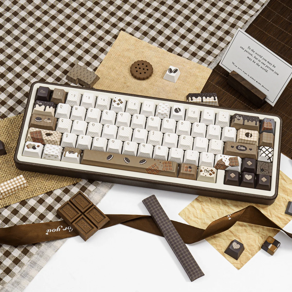 Crispy Dark Chocolate PBT keycaps set from multiple angles, showcasing its unique textured aesthetic, like gourmet crispy dark chocolate design.