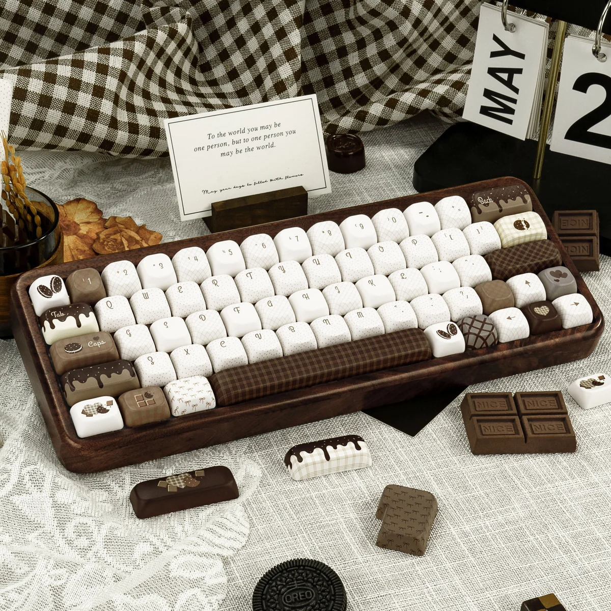 A gallery of Crispy Dark Chocolate PBT keycaps set, showcasing their unique textured aesthetic from multiple artistic angles, evoking gourmet design.