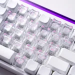 Showcase of the Cute Cat Heart Keycaps Set, highlighting the whimsical translucent design with shimmering glitter and adorable cat design.
