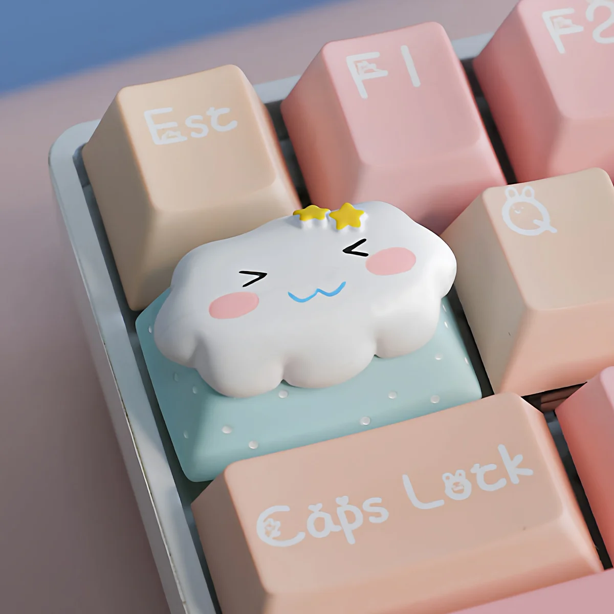 Detailed view of the Cute Cloud & Star Artisan Keycap, highlighting its unique cosmic amidst vibrant cloud and twinkling stars.