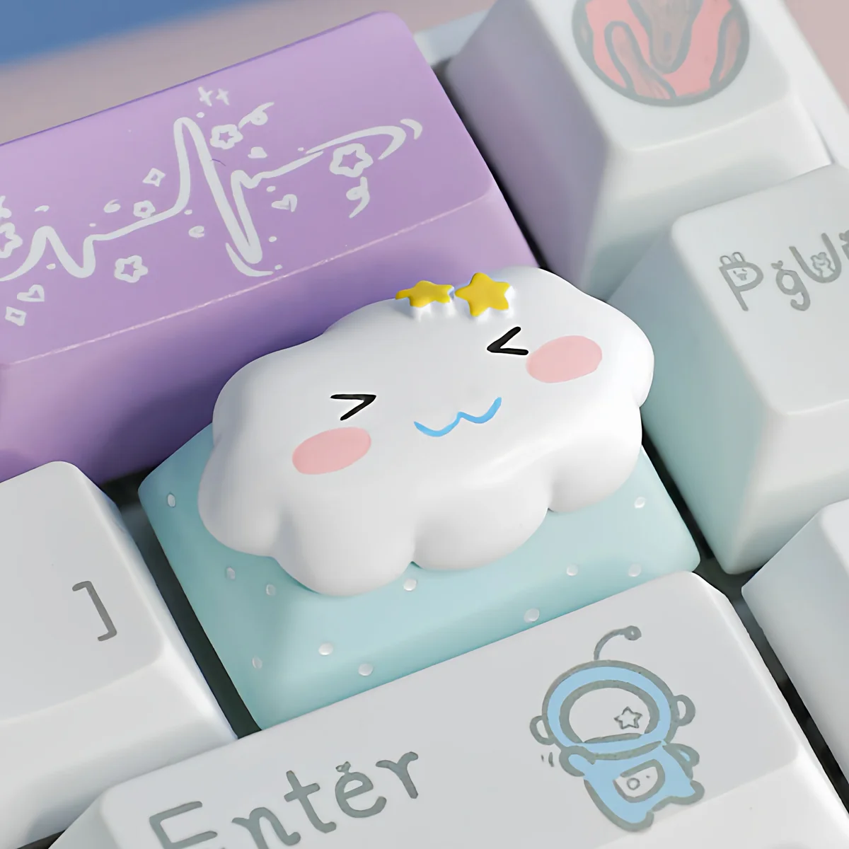 Close-up of the Cute Cloud & Star Artisan Keycap, revealing intricate details of the cloud and unique cosmic canine.