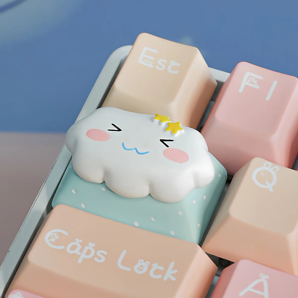 Cute Cloud & Star Artisan Keycap featuring a unique whimsical design, set against a vibrant cloud with twinkling stars.