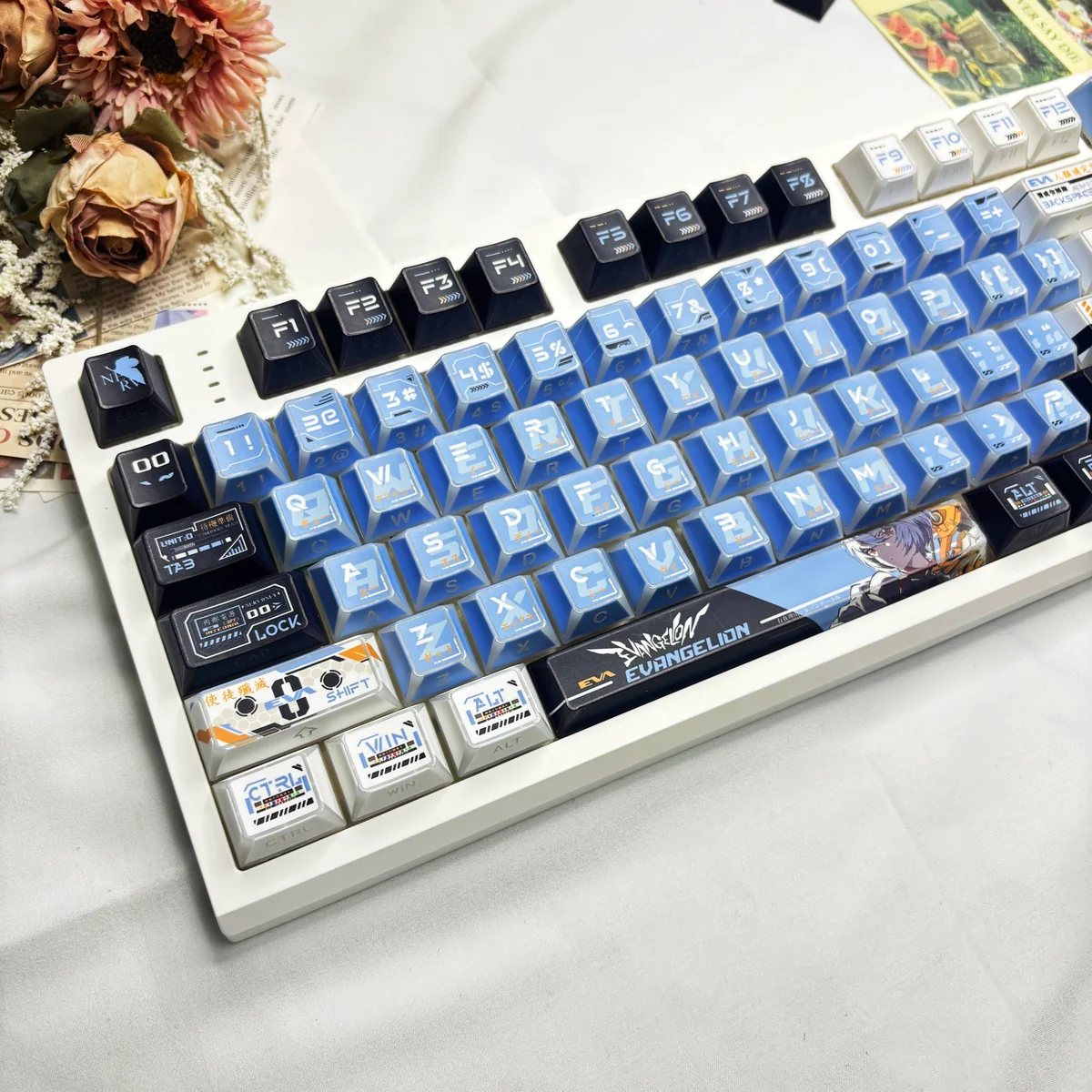 Detailed close-up of the Rei Ayanami EVA backlit PBT keycap set, highlighting sharp angles and translucent legends glowing with enigmatic light-shadow.