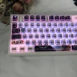 Iconic Rei Ayanami EVA backlit PBT keycap set. Enigmatic design, sharp angles, light-shadow interplay, and translucent legends.