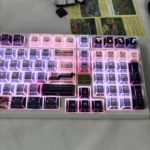 Iconic Rei Ayanami EVA backlit PBT keycap set, artistic view. Sharp angles and translucent legends glow, highlighting enigmatic light-shadow.
