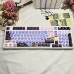Rei Ayanami EVA backlit PBT keycaps set shown from multiple angles, highlighting sharp angles, translucent legends, and enigmatic light effects.