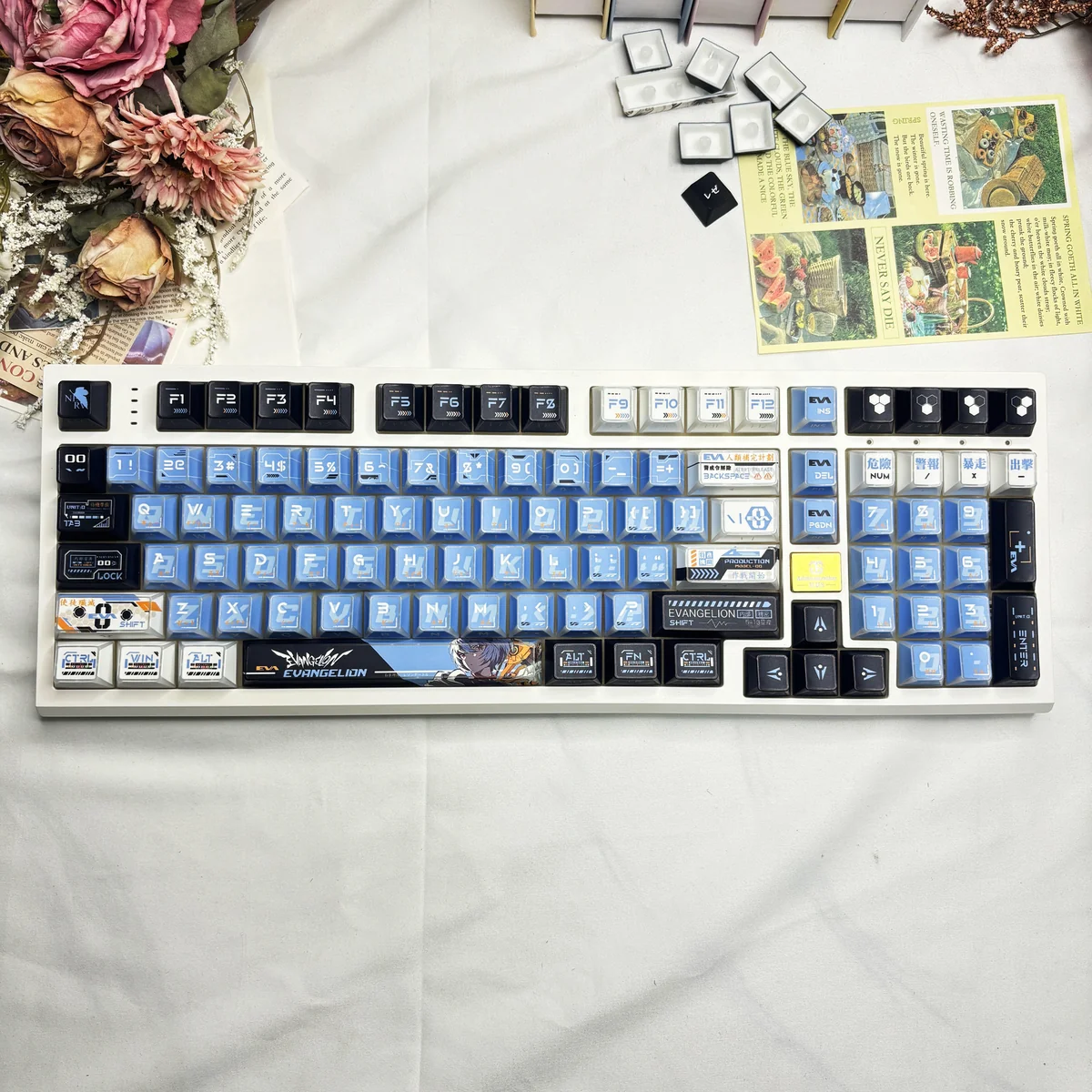 Artistic Rei Ayanami EVA backlit PBT keycap set display, showcasing enigmatic design, sharp angles, and glowing translucent legends for a unique aesthetiics.