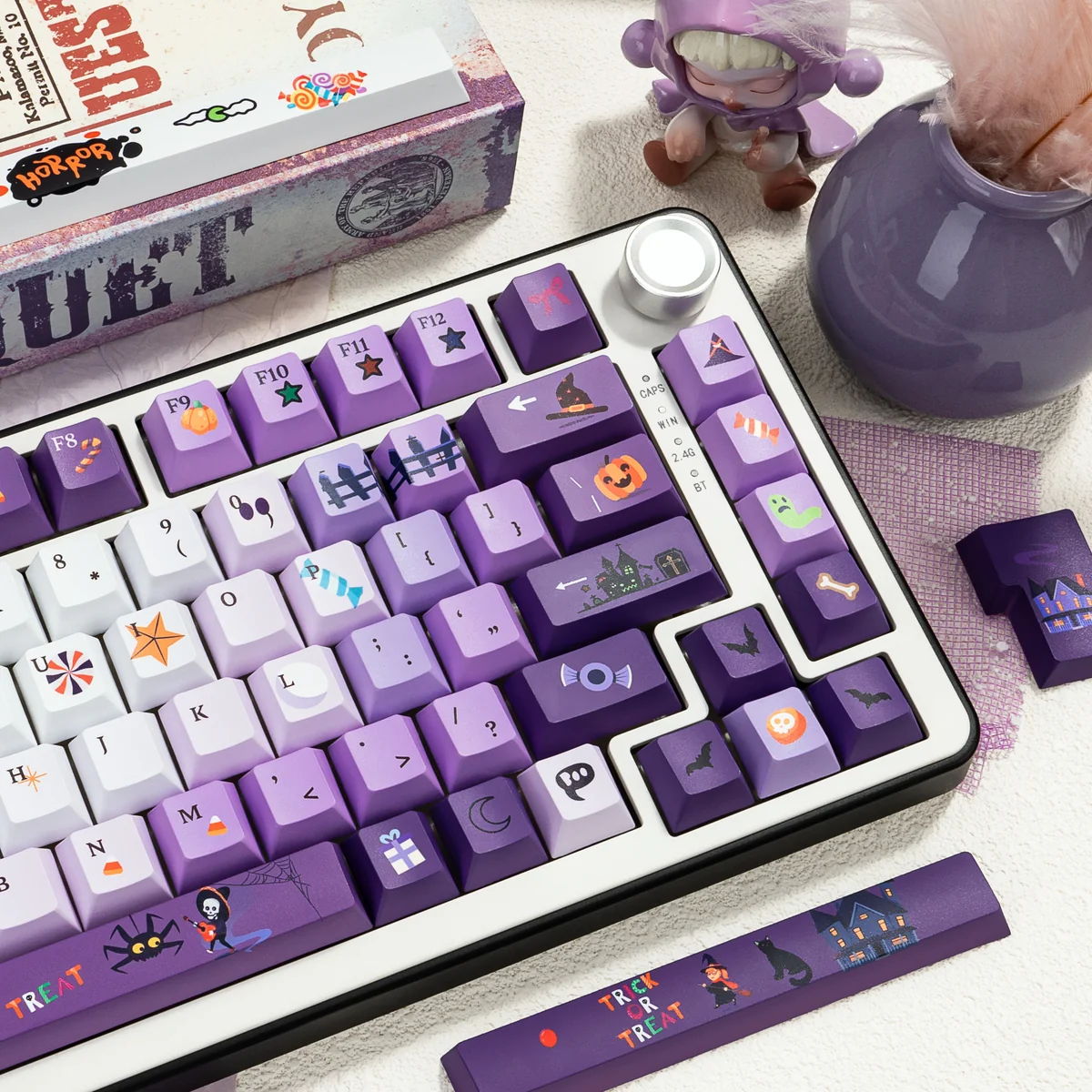 Whimsical Halloween PBT keycaps set showcasing vibrant candy-themed designs and spooky elements. This dye-sublimated set features unique dark moon candy design.