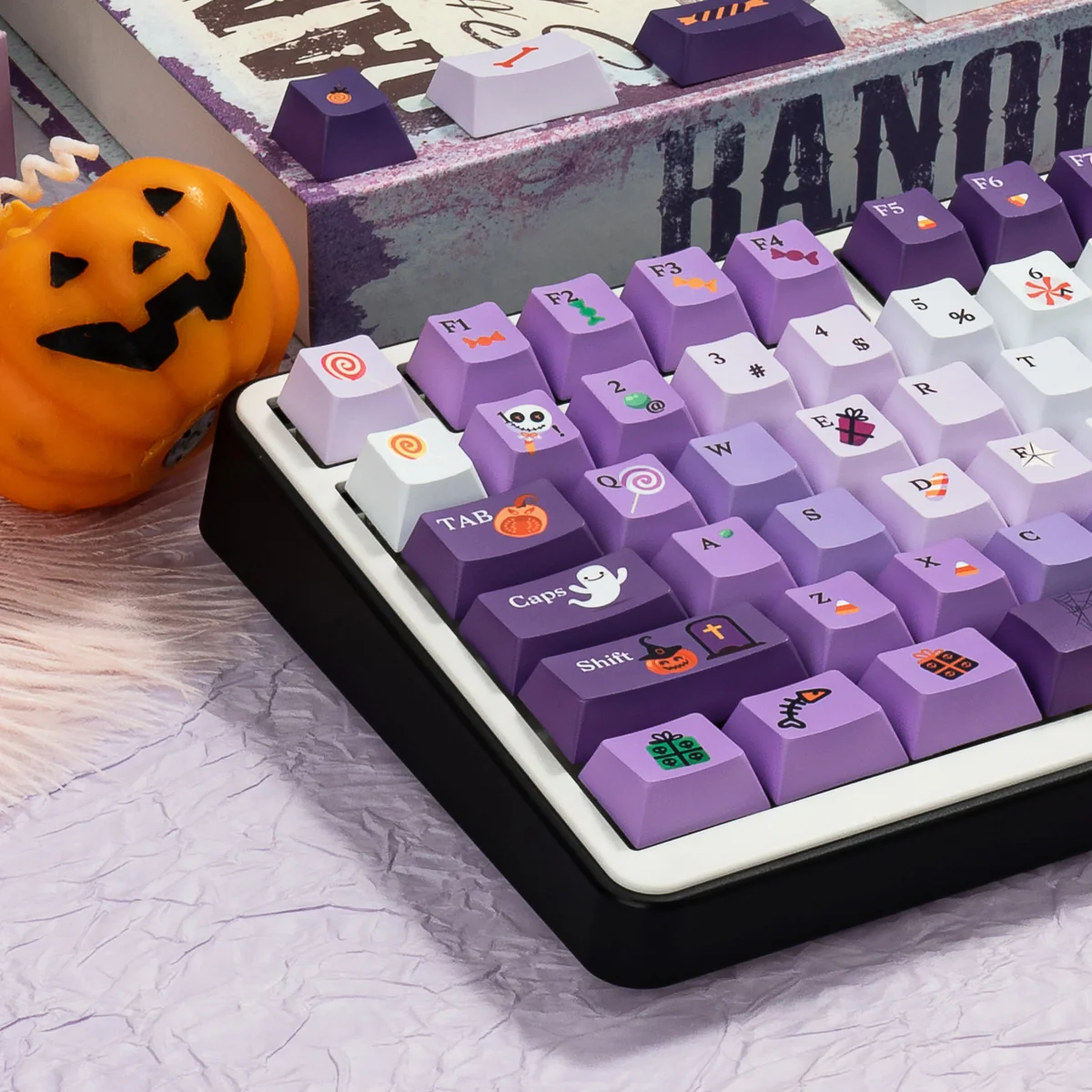 Gallery view of Dark Moon Candy Whimsical Halloween PBT keycaps set, showcasing unique dye-sublimated spooky and sweet designs from multiple playful angle.