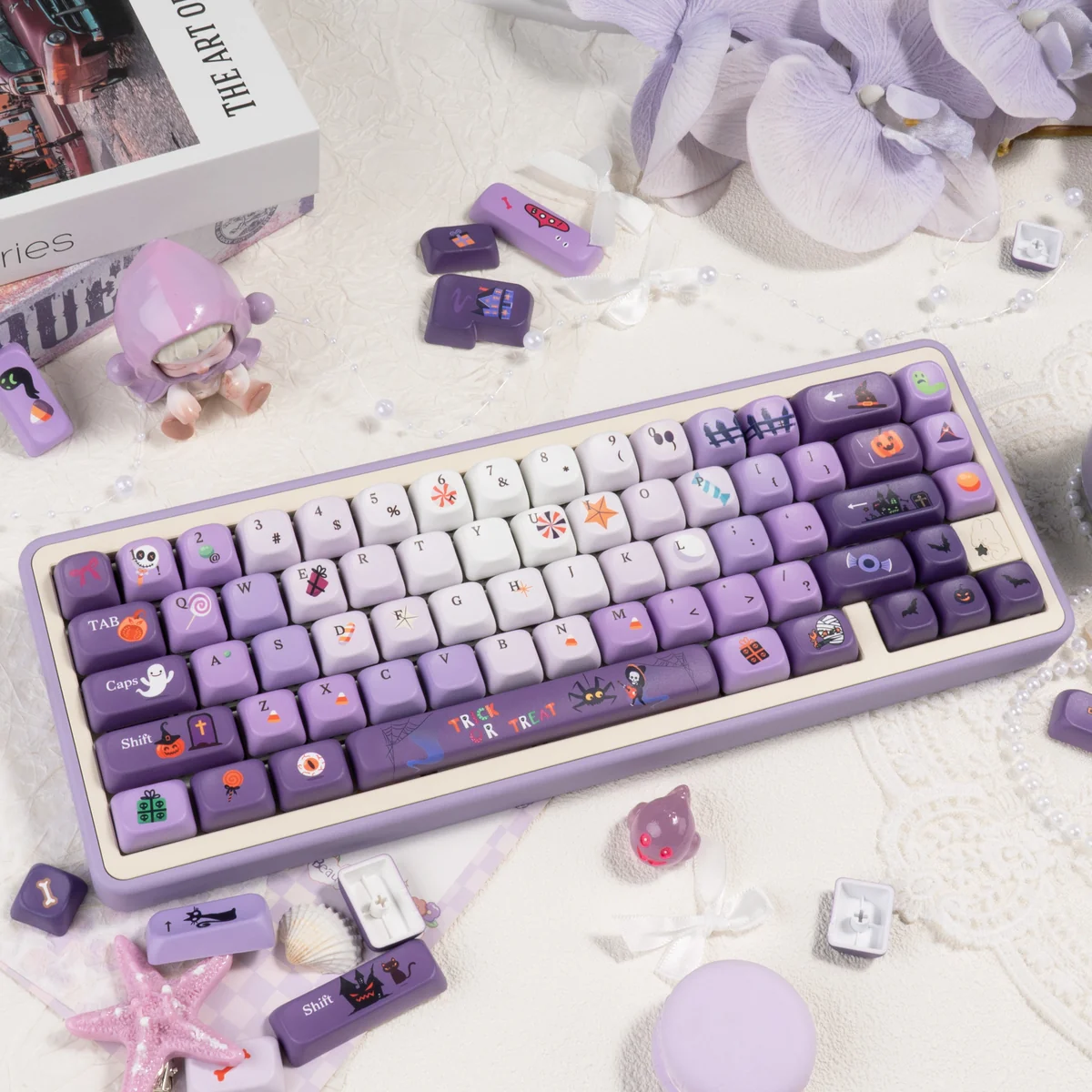 A whimsical gallery of Dark Moon Candy Halloween PBT dye-sublimated keycaps set, featuring playful spooky ghosts and sweet candy designs from multiple angle.