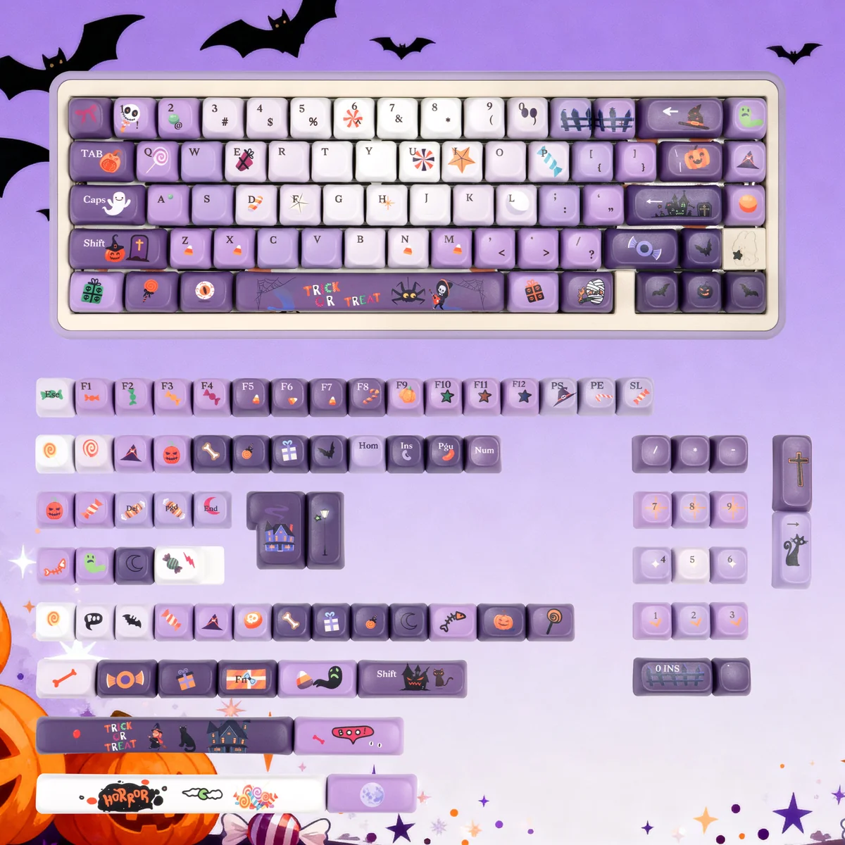 Playful Halloween PBT Keycaps Set. Unique dye-sublimated spooky-sweet designs, vibrant candy aesthetics from multiple angles. Dark Moon Candy theme.