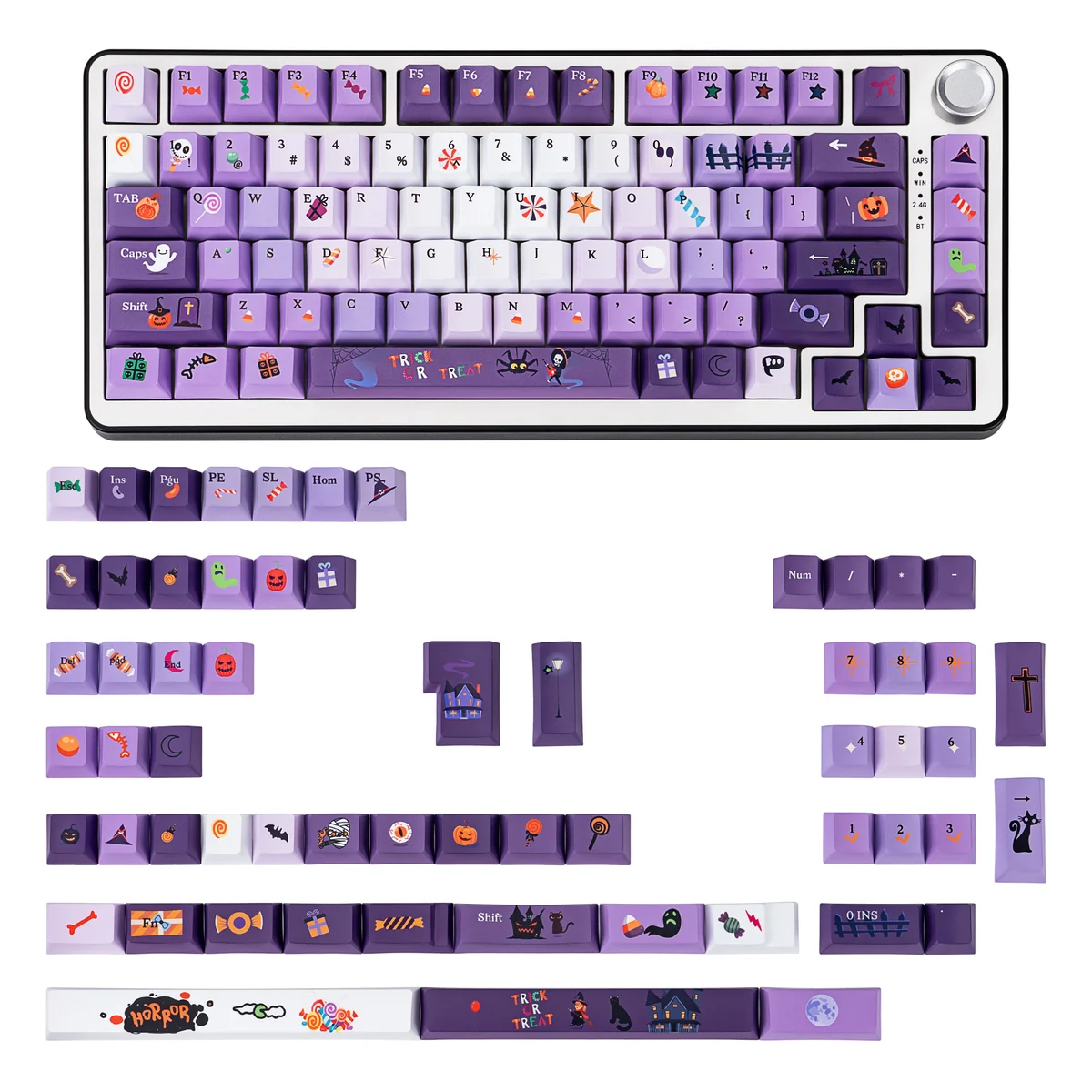 Dark Moon Candy whimsical Halloween PBT keycap 145-key boxed set, featuring spooky-sweet designs for a festive keyboard.