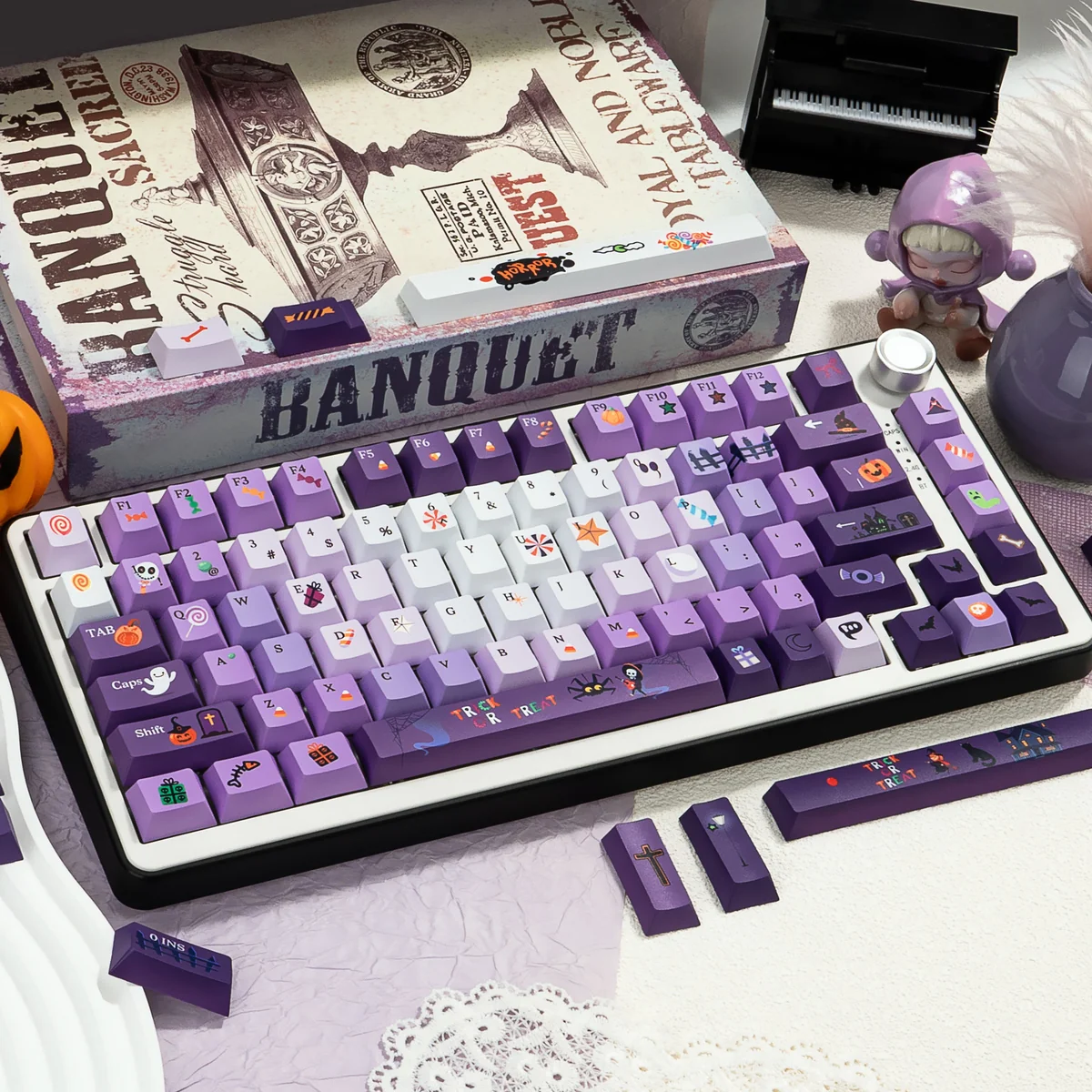 Unique Dark Moon Candy Halloween PBT keycaps set, a dye-sublimated set featuring whimsical ghosts, vibrant candies, and spooky night designs for a playful art.