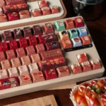 Whimsical Delicious Dungeon keycaps set from multiple angles, featuring anime characters and fantastical food for unique keyboard art.
