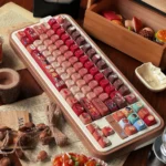 Whimsical Delicious Dungeon keycap set from multiple angles, featuring detailed anime characters and fantastical food for exclusive keyboard art customization.