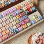 An exquisite handcrafted Demon Slayer artisan keycap set, showcasing intricate miniature anime diorama scenes and characters from a unique artistic perspective view.