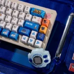 Playful gallery of Digimon keycaps set, showing vibrant dye-sublimated iconic monster characters from various angles, capturing a nostalgic digital odyssey.