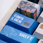 Digimon Keycaps dye-sublimated set, showing vibrant nostalgic monster characters from multiple angles. A playful digital adventure.
