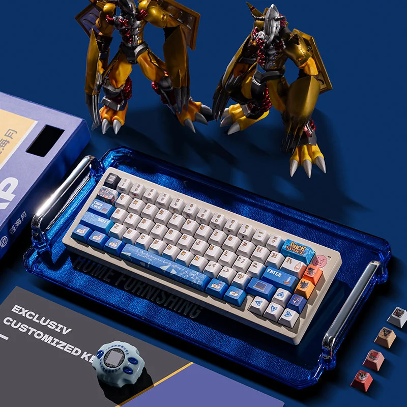 Playful Digimon keycaps set, vibrantly dye-sublimated, showcasing iconic monster characters for a nostalgic digital odyssey adventure.