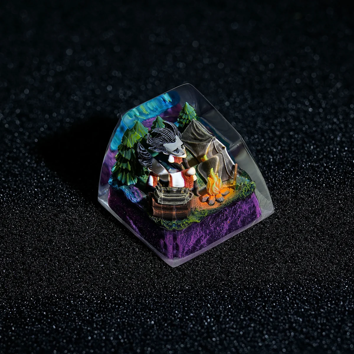 Side view of the Don't Starve Wilson handcrafted resin artisan keycap, showcasing its intricate hand-painted gothic art and unique texture.