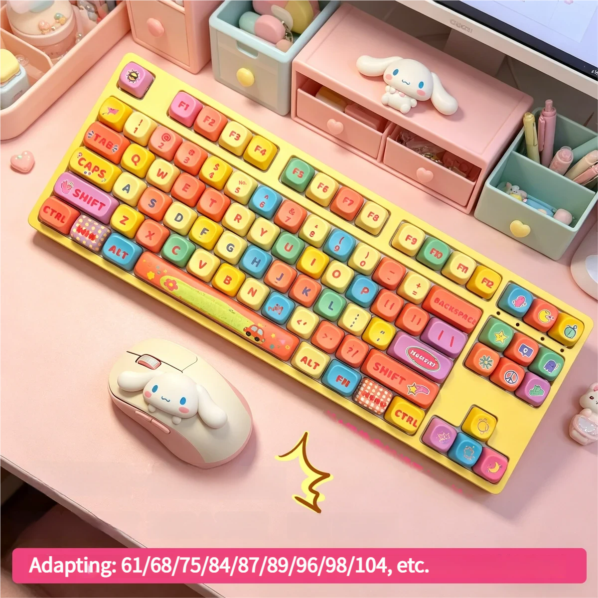 Close-up of vibrant dopamine rainbow PBT MOA keycaps set, showcasing their playful gradient colors and smooth profile from various angles.