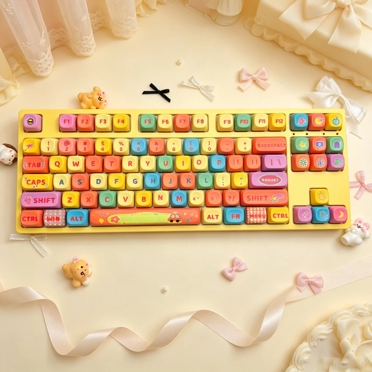 A vibrant close-up of the Dopamine Rainbow PBT MOA Keycaps Set, highlighting the playful gradient colors and smooth MOA profile from a unique perspective view.