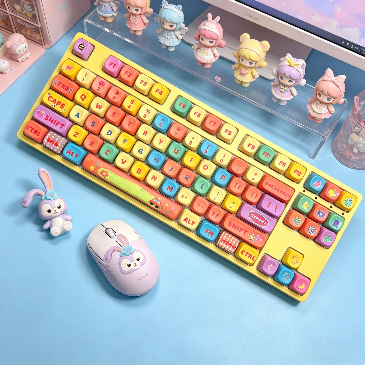 Vibrant dopamine rainbow PBT MOA keycaps set, showcasing smooth gradient hues and modern profile from playful angles, perfect for an expressive keyboard.
