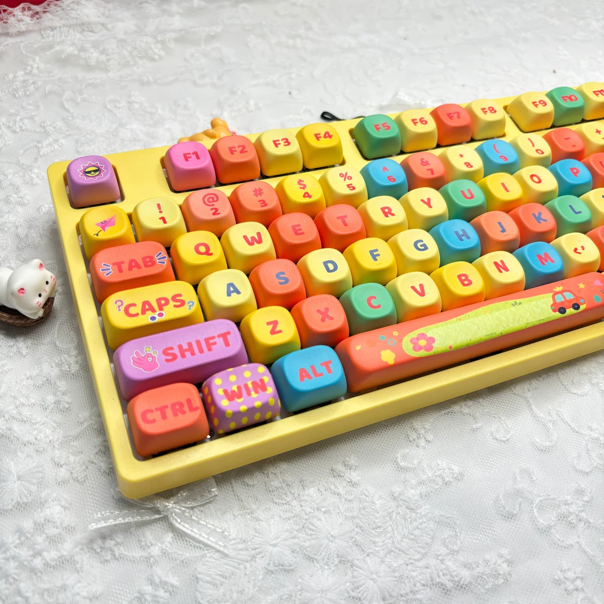 Vibrant Dopamine Rainbow PBT MOA Keycaps set, playfully shown from various angles, highlighting smooth MOA profile and cheerful gradient rainbow hues.