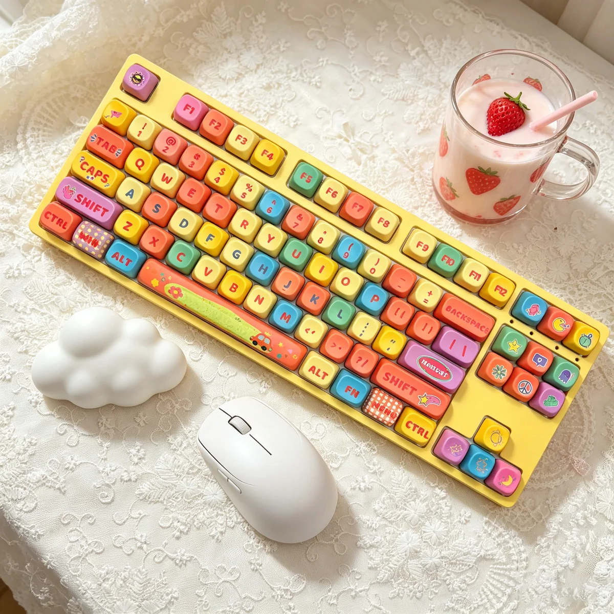 Vibrant Dopamine Rainbow PBT MOA keycaps set, showcasing playful gradient colors for a joyful mechanical keyboard experience.