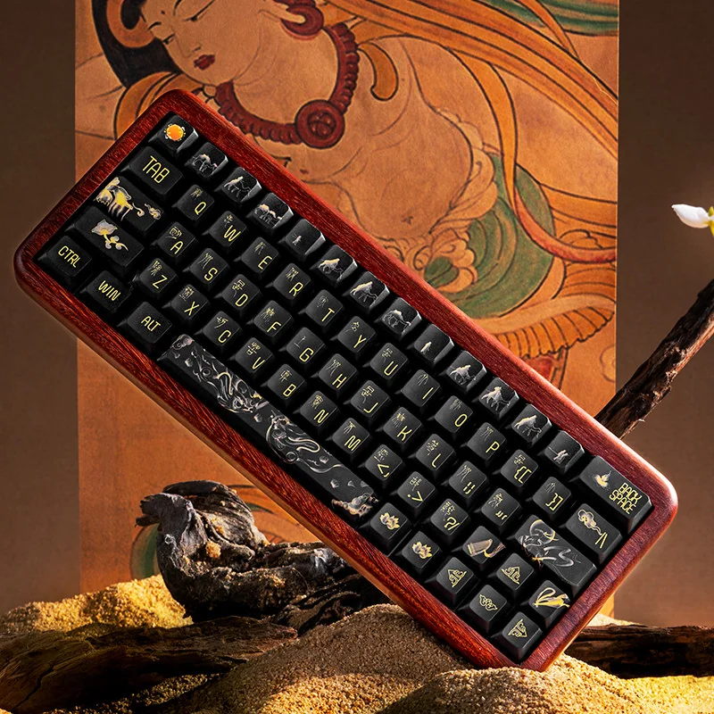 Dream of Dunhuang PBT keycaps set, beautifully displaying unique ancient Chinese art with vibrant mural motifs. Durable PBT keycaps offering historical design.