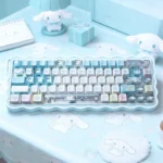 Main display of the exclusive Dreamy Cinnamoroll PBT+PC side-printed keycaps set, featuring adorable pastel character art for a cute keyboard.