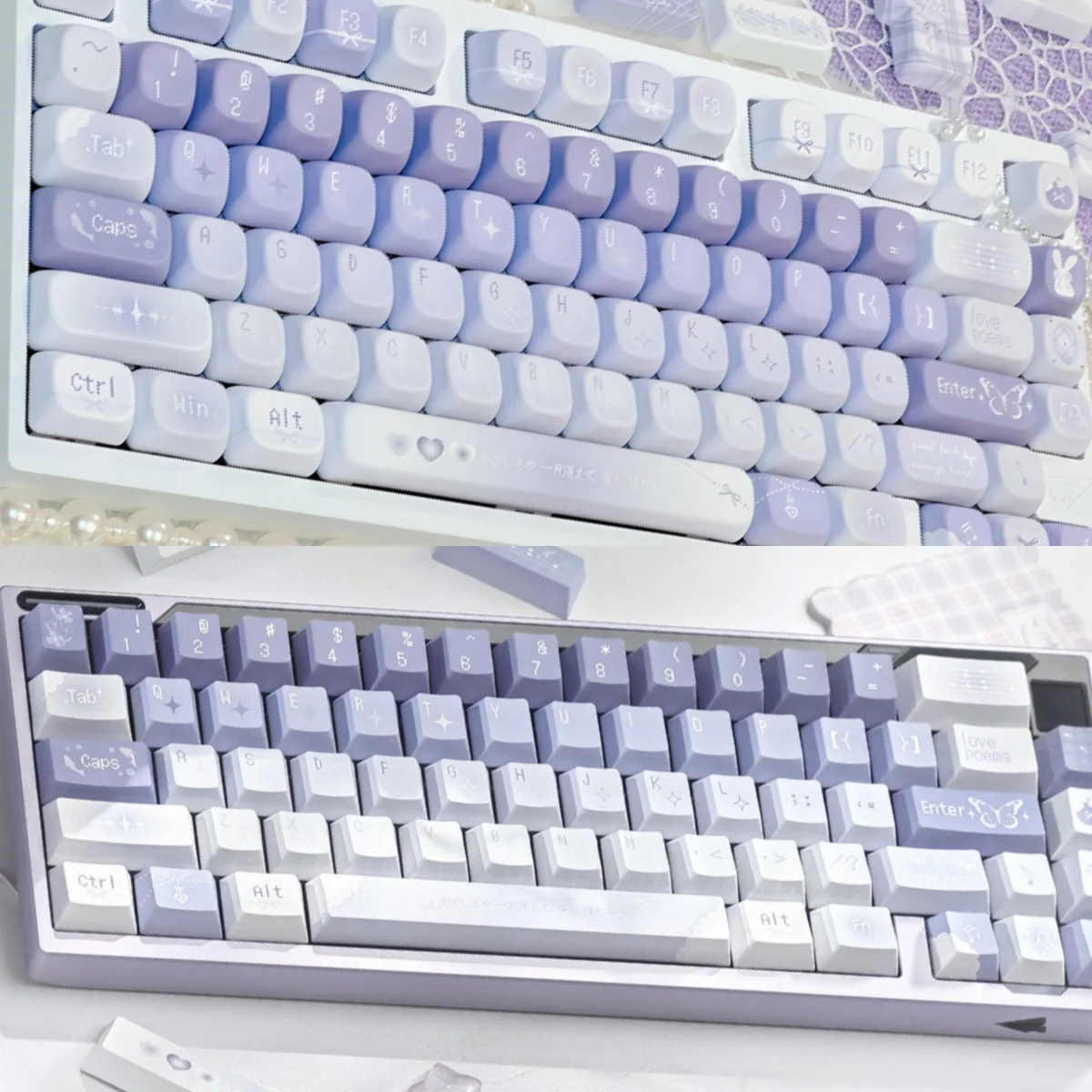 Ethereal Butterfly PBT Keycaps Set: Delicate butterfly designs, durable PBT, dye-sub legends. Serene twilight gradients bring mystical beauty.