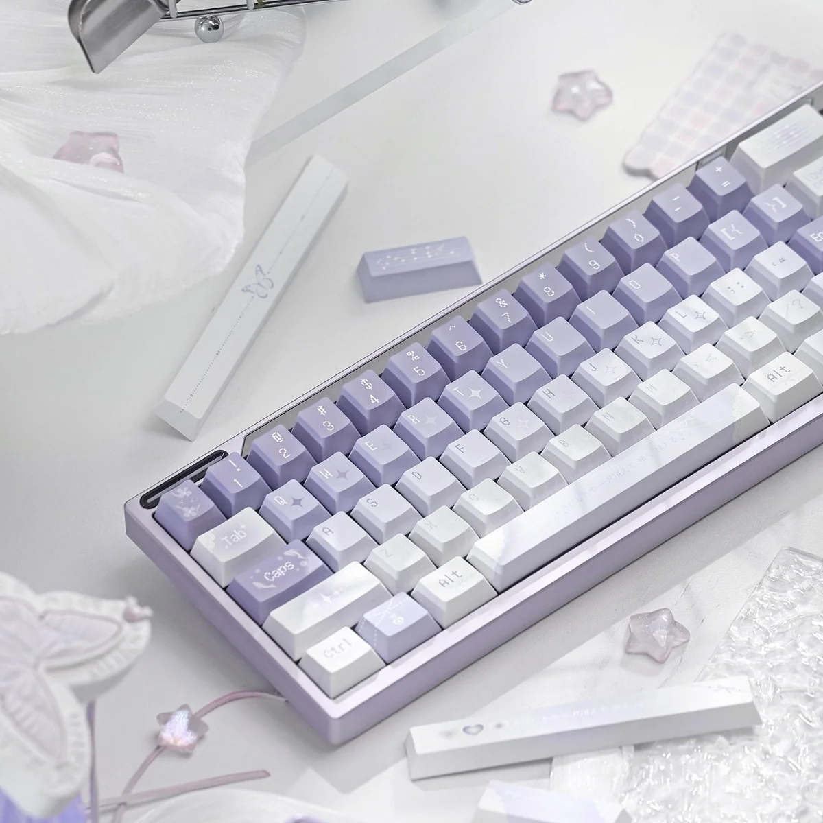 Ethereal Butterfly PBT Keycaps Set featuring intricate dye-sub legends and durable PBT construction, showcasing the serene twilight gradients and delicated setup.