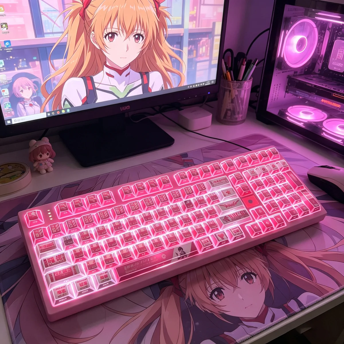 A collection of EVA Mari themed backlit PBT keycaps set from various angles, showcasing the vibrant Evangelion Mari Makinami silhouette design with glowing design.