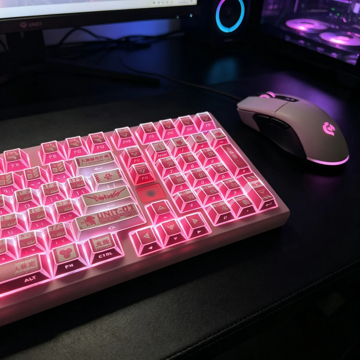 Artistic views of the EVA Mari themed backlit PBT keycap set, highlighting vibrant Evangelion Mari silhouettes and glowing legends.