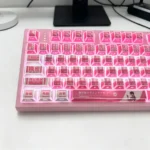 Detailed view of the vibrant EVA Mari themed backlit PBT keycap set, showcasing the glowing Evangelion Mari silhouette and artistic design.