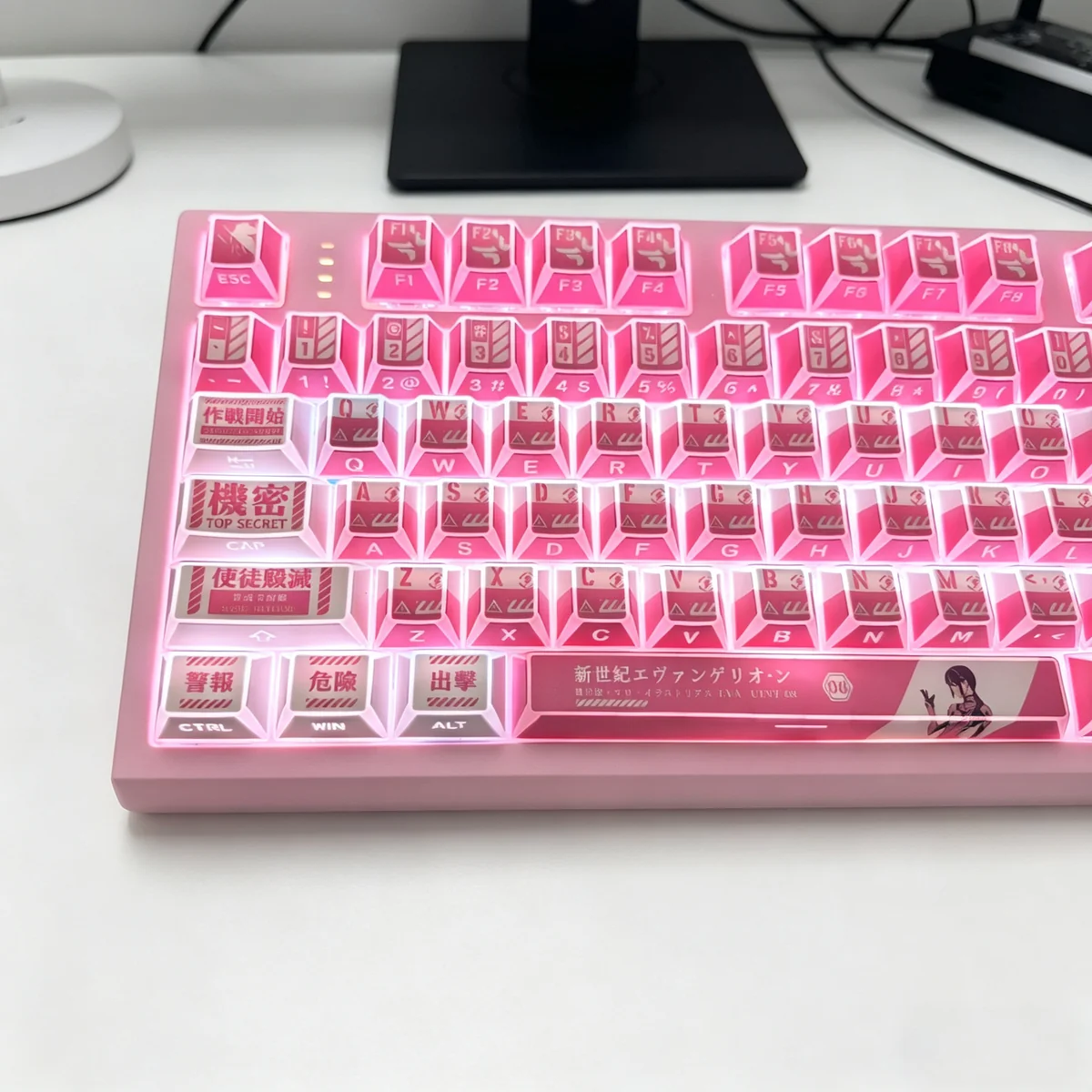 Detailed view of the vibrant EVA Mari themed backlit PBT keycap set, showcasing the glowing Evangelion Mari silhouette and artistic design.