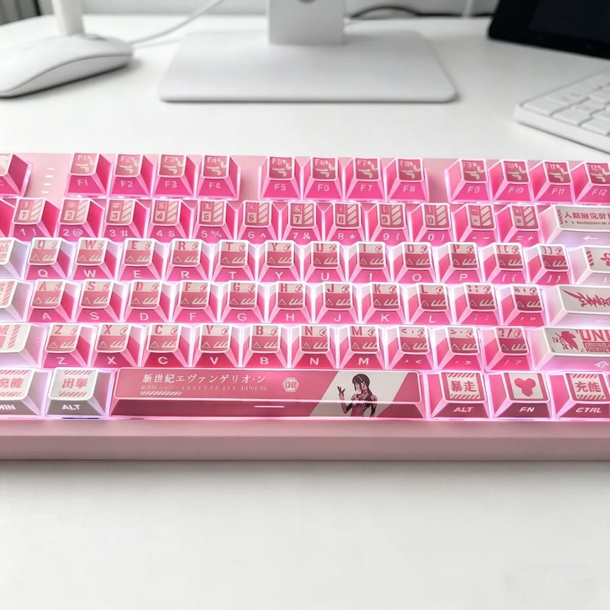 Detailed view of the Embrace Mari: EVA Mari themed backlit PBT keycap set, showcasing vibrant Evangelion Mari silhouette legends from various angles.