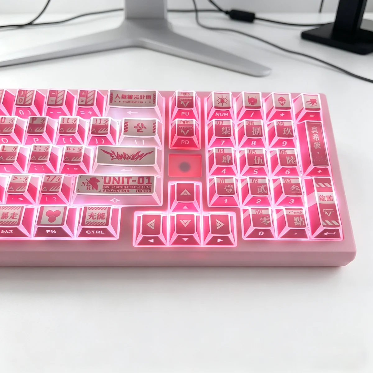 Close-up of the artistic EVA Mari Themed Backlit PBT Keycap Set, showcasing vibrant Mari Makinami silhouette designs and glowing legends from a distinctive design.